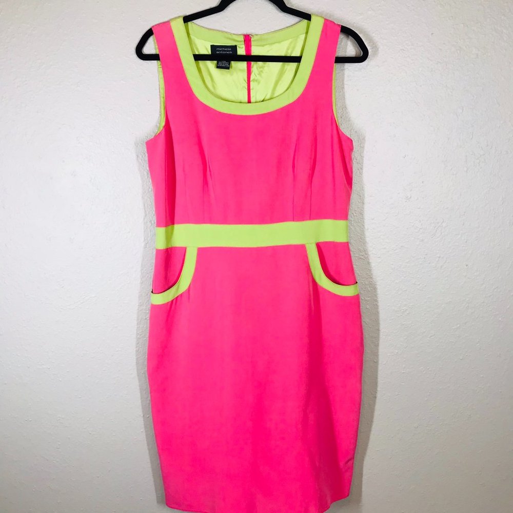 Vintage Michelle Antonelli Pink and Green 100% Silk Scoop neck Sheath Dress
